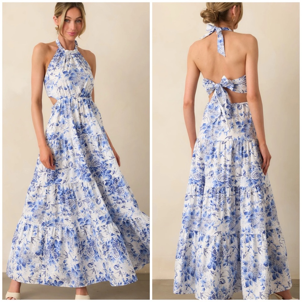 Floral Halter Maxi Dress in Blue and White